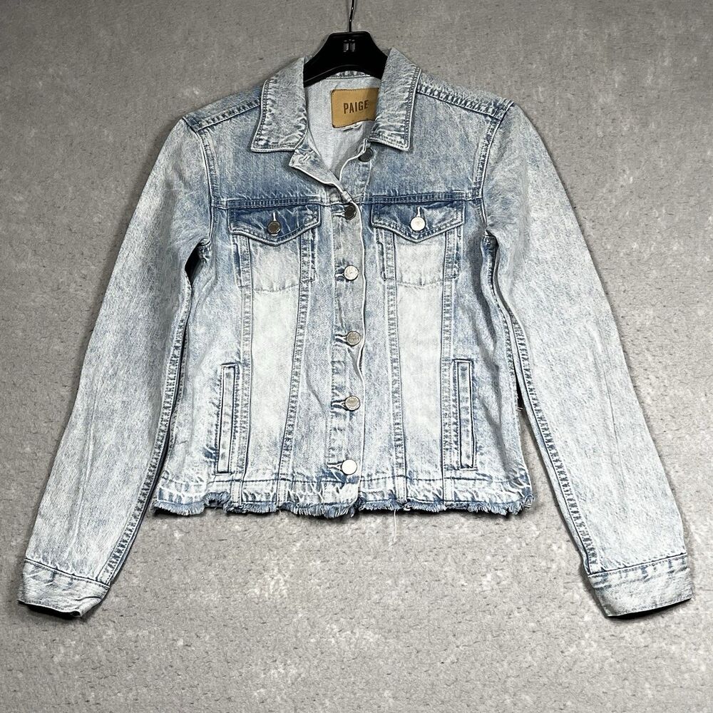 PAIGE Denim Jacket Womens Size S Small Wash Blue Button Front Trucker Raw Hem